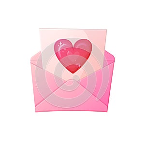 Love letter. Open envelope with lettern with heart. Vanentine day, romantic confession concept.