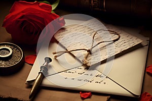 Love letter with pen and red rose flower on brown background close up with selective focus. Valentine day card or love