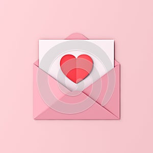 Love letter red heart origami on white paper in pink envelope on pink pastel color background