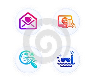 Love letter, Search flight and Online shopping icons set. Scuba diving sign. Vector