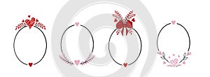 With love - lettering. Vector round frame, wreath from outline tulips and hearts. Hand drawn doodle isolated. Background