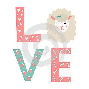 Letters LOVE with elements and cute sheep photo