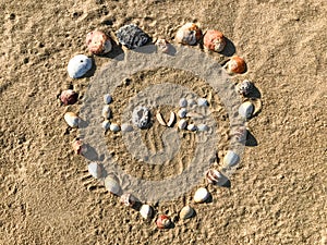 Love letters made in heart shape of Seashells on the sand beach.