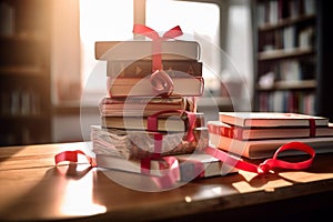 Love Letters Tied with Red Ribbon on Vintage Desk