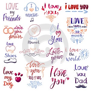 Love lettring vector lovely calligraphy lovable friendship sign to mom dad friend iloveyou on Valentines day beloved