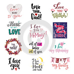 Love lettring vector lovely calligraphy lovable sign to mom dad iloveyou on Valentines day beloved card illustration set