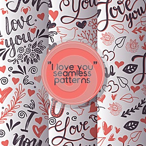 Love lettring vector seamless pattern lovely calligraphy lovable sign sketch iloveyou on Valentines day beloved card photo