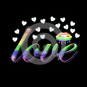 Love LGBT Inspirational Gay Pride poster with rainbow spectrum, grunge on black background. Vector illustration print