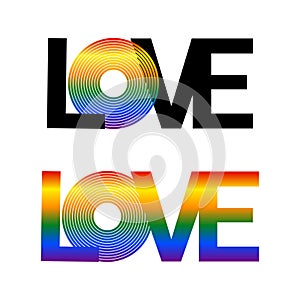Love LGBT typographic text black and gradient on white background. Rainbow text template for banners, posters, social