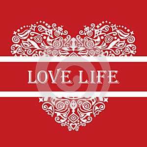 Love life white detailed heart ornament on red