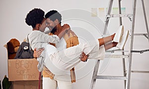 Love, lifting or happy couple in home renovation, diy or house remodel together by apartment ladder. African lovers