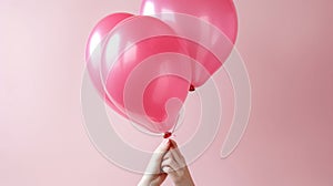 Love Lifts Us Up, Hands Holding a Pink Heart-Shaped Balloon Against a Pink Background. Generative AI