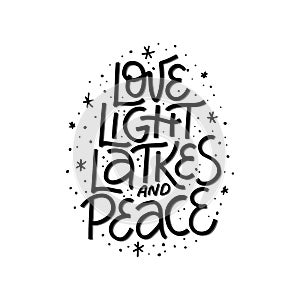 Love, light, latkes and peace handwritten black vector lettering