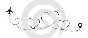 Love line airplane dotted route. Romantic heart dashed trace path, air plane flight start point. Vector illustration