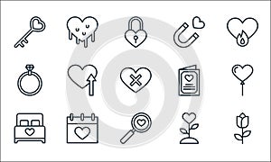 Love line icons. linear set. quality vector line set such as flower, search, bed, planet, wedding day, ring, attraction, heart