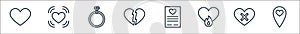 Love line icons. linear set. quality vector line set such as location, hate, jealous, document, broken heart, ring, heart