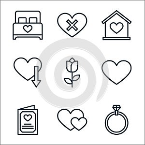 love line icons. linear set. quality vector line set such as ring, hearts, love, flower, love, home, hate