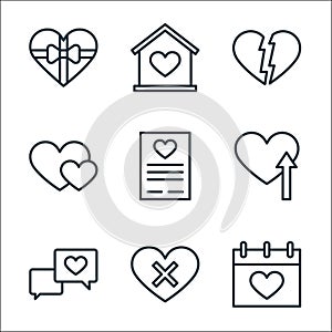 Love line icons. linear set. quality vector line set such as wedding day, hate, chat, love, document, hearts, broken heart, home