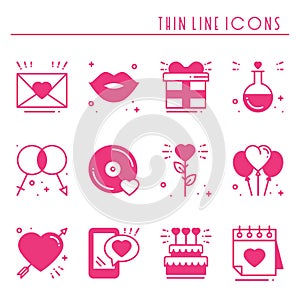 Love line icons set. Happy Valentine day pink silhouette signs and symbols. Love, couple, relationship, dating, wedding