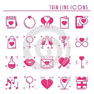 Love line icons set. Happy Valentine day pink silhouette signs and symbols. Love, couple, relationship, dating, wedding