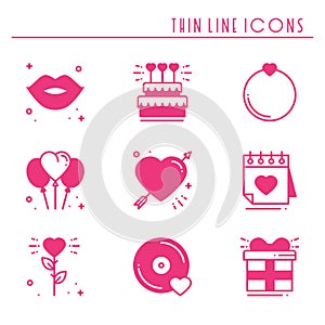 Love line icons set. Happy Valentine day pink silhouette signs and symbols. Love, couple, relationship, dating, wedding