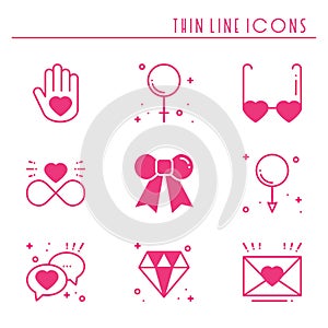 Love line icons set. Happy Valentine day pink silhouette signs and symbols. Love, couple, relationship, dating, wedding