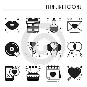 Love line icons set. Happy Valentine day silhouette signs and symbols. Love, couple, relationship, dating, wedding