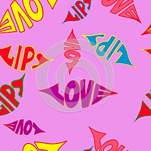 Love lips lettering seamless pattern.Vector illustration. Valentines Day Background.