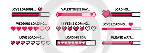 Love loading. Romantic loader with heart icons, happy wedding, valentines day and love concept stickers. Retro 8, 16-bit