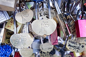 Love lock on a bridge in Paris, France Eternity connection Love symbol.