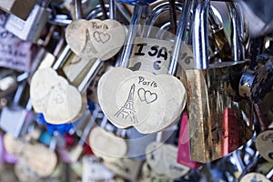 Love lock on a bridge in Paris, France Eternity connection Love symbol.