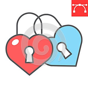 Love lock color line icon, valentines day and wedlock, love padlock sign vector graphics, editable stroke filled outline