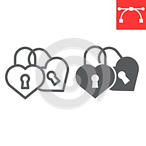 Love lock line and glyph icon, valentines day and wedlock, love padlock sign vector graphics, editable stroke linear