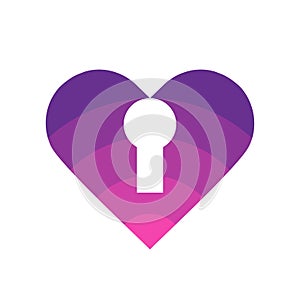 Love lock logo template, heart with key hole symbol, vector icon design illustration