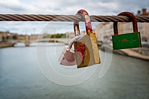 A love lock over the Saone river, Lyon, France