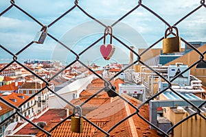 Love lock at Santa Justa Lift in Lisbon`s historical center