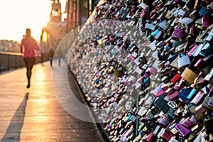 Love locks on the bridge in evening light.