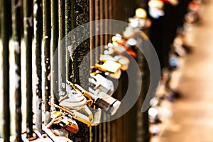 Love locks on the bridge going across the Savannah, River in Augusta, Georgia