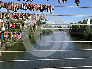 Love locks on a bridge over the Regnitz river in Bamberg