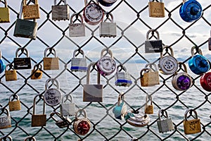 Love locks on fence at Lake Tahoe, California