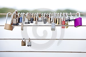 Love Locks Hanging from a Cable Railing