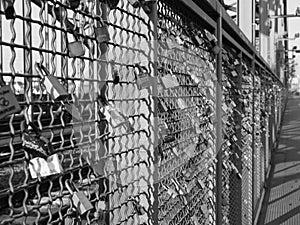 Love locks on Hohenzollernbruecke (Hohenzollern Bridge) over riv