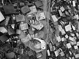 Love locks on Hohenzollernbruecke (Hohenzollern Bridge) over riv