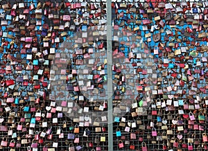 Love locks on Hohenzollernbruecke (Hohenzollern Bridge) over riv