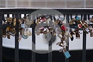 Love locks at nyhavn in Copenhagen, Denmark.