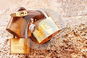 Love locks (padlocks) attached to the bridge in Paris. France.