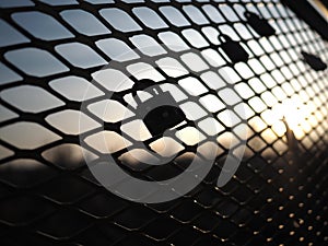 Love locks padlocks on bridge fence during sunset warm color