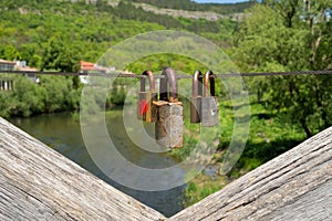 Love locks on Vladishki wooden bridge in Veliko Tarnovo