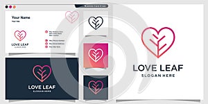 Love logo with leaf line art style and business card design Premium Vector