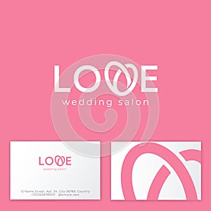 Love logo. Wedding Salon emblem. Letter V consist of two wedding rings like heart